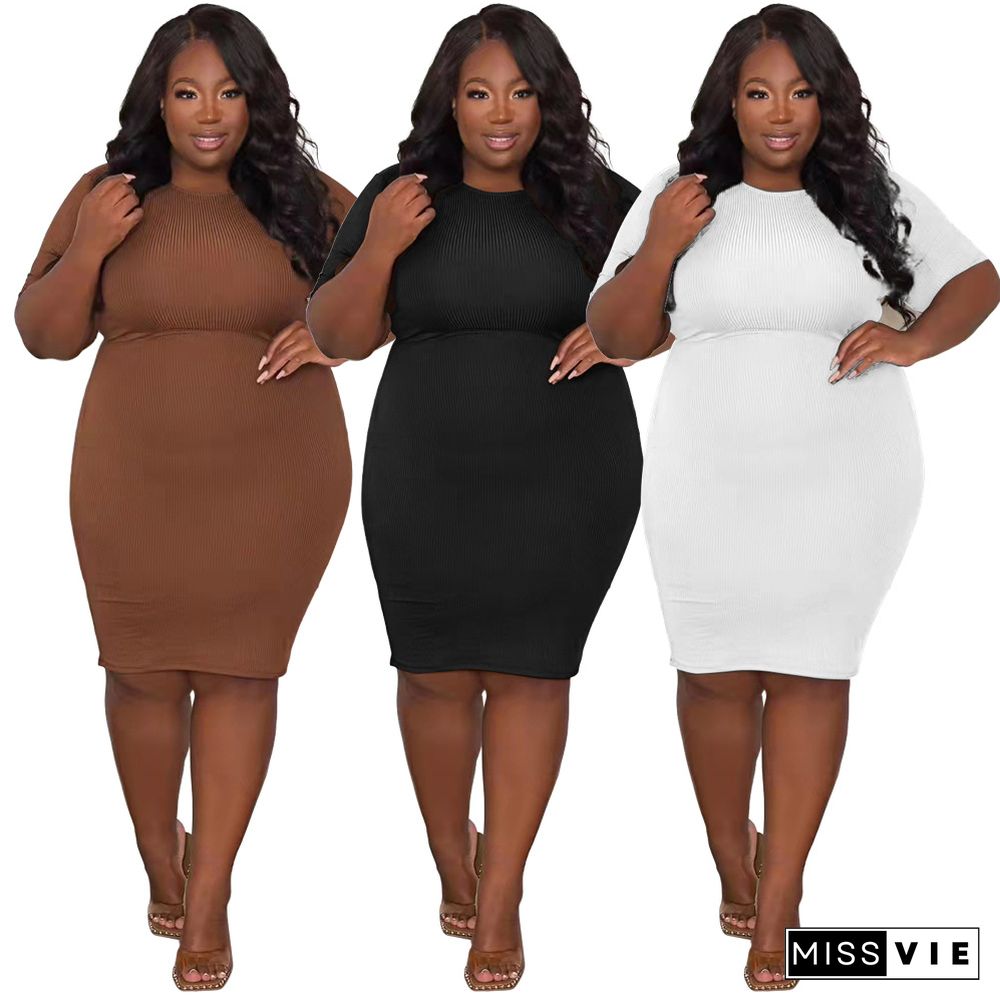 Plus Size Knitted Short Sleeve O Neck Pencil Dresses