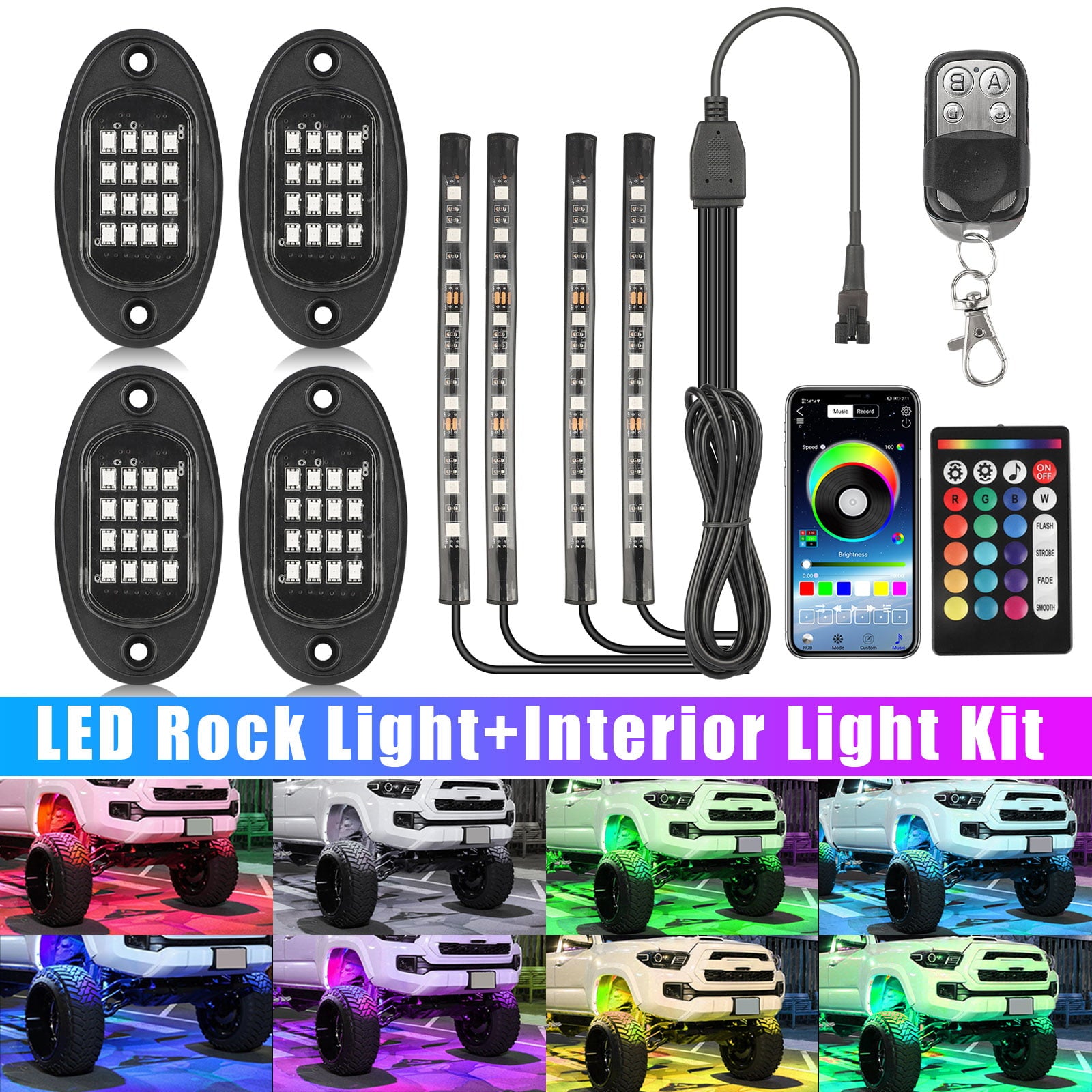 Truck LED Rock Lights， TSV 64 LEDs Multi-Color Truck Bed Light Kit with Remote Controller， Waterproof RGB Under Body LED Truck Bed Lighting for 12V Cars Pickup Truck， RV， SUV