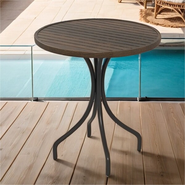 Outdoor Round Side Table with Steel Frame and Slat Tabletop