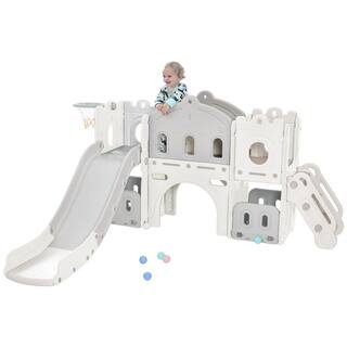 White IndoorOutdoor Kids Climbers Playhouse with Slide and Basketball Hoop LMM00007E