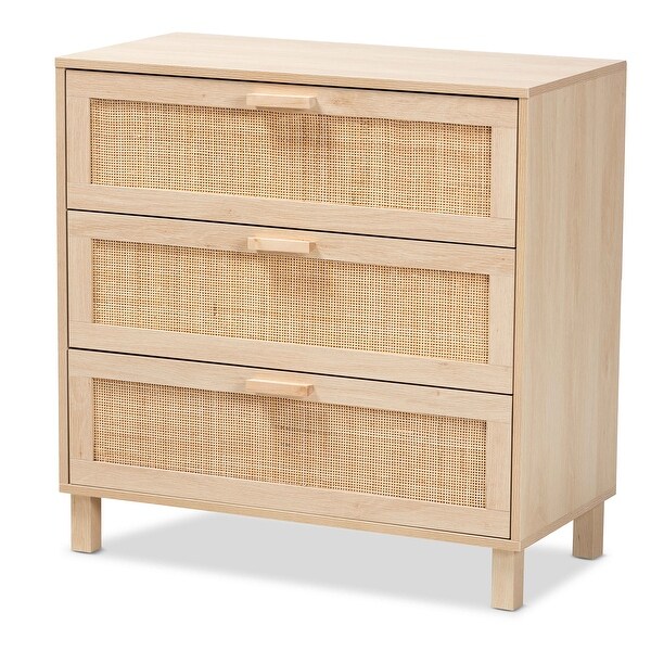 Sebille Mid-Century Modern Light Brown Finished Wood 3-Drawer Storage Cabinet with Natural Rattan - - 35527688