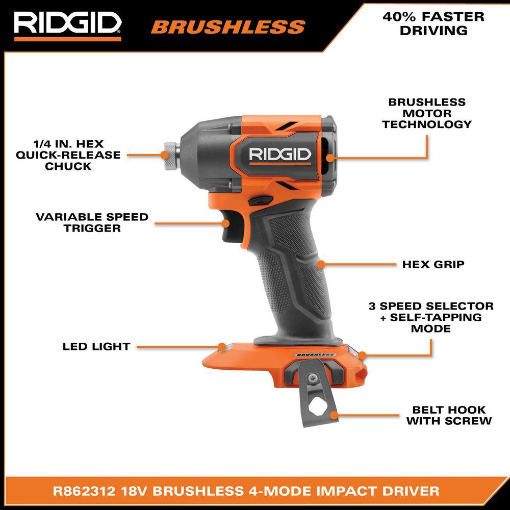 RIDGID 18V Brushless 2-Tool Combo Kit with 6.0 Ah and 4.0 Ah MAX Output Batteries Charger and Hard Case R92082