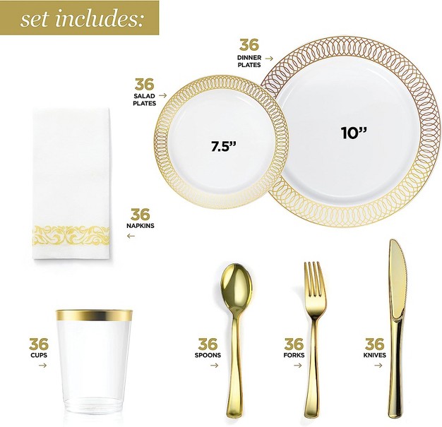 Chateau Fine Tableware 252 piece White And Gold Plates Napkins Party Supplies Dinnerware For Adults 36 Sets