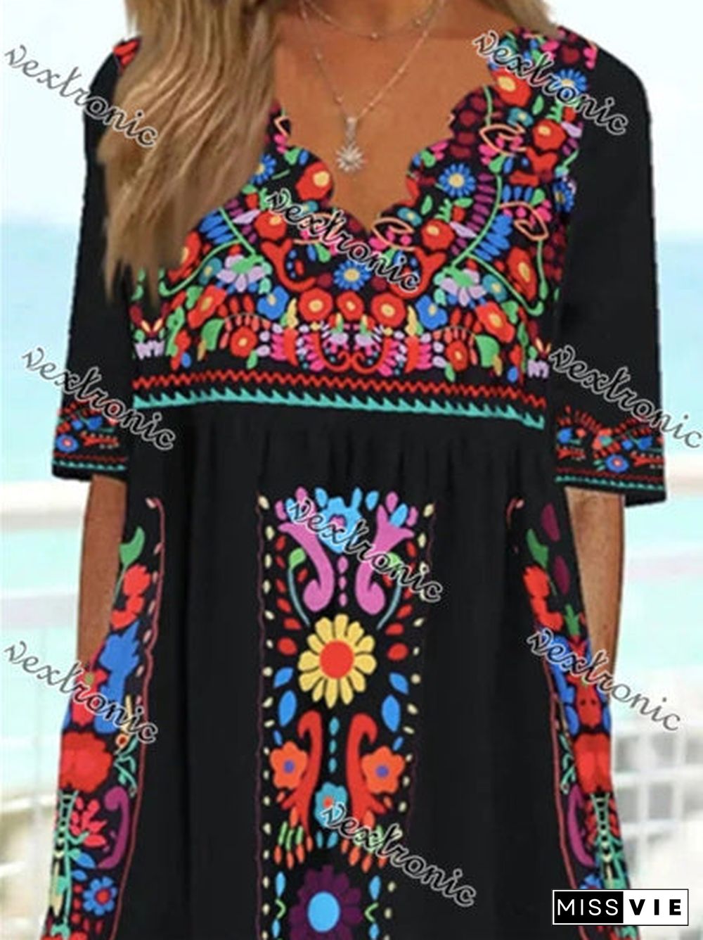 Women's Black V-Neck Half Sleeve Graphic Floral Printed Midi Dress