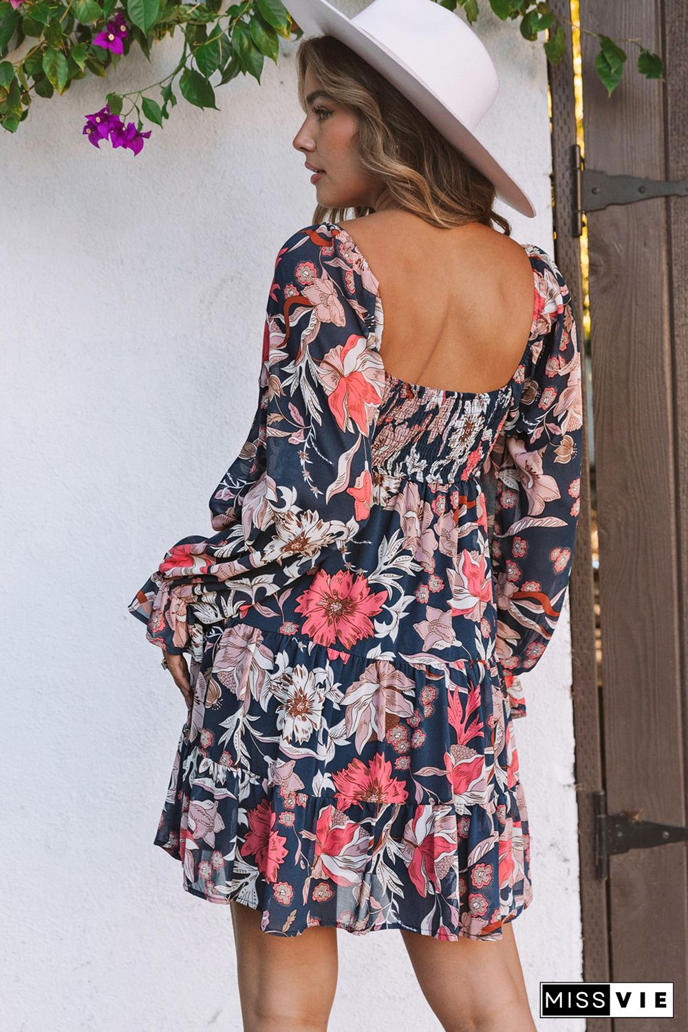 Blue Floral Tiered Long Puff Sleeve Mini Dress