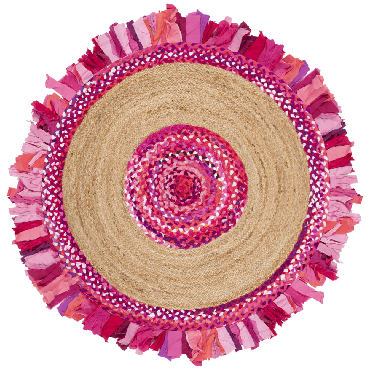 SAFAVIEH Cape Cod Susan Braided with Fringe Area Rug, 5' x 5' Round, Pink/Natural