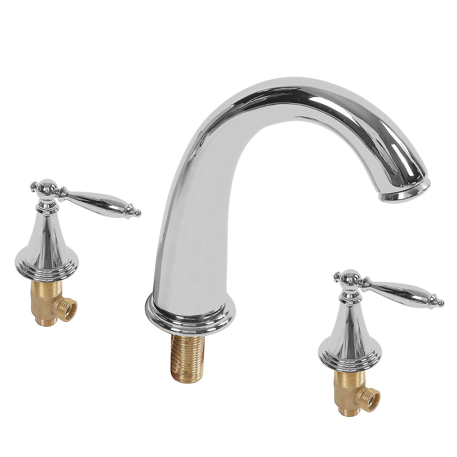 Double Handle Split Faucet Full Copper Three Hole Basin Faucet European Style Bathroom Sink Faucet Silver