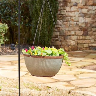 Southern Patio Westlake Medium 12.5 in. 9 qt. Silver with Bronze Trim High-Density Resin Hanging Basket Outdoor Planter HDR-054801