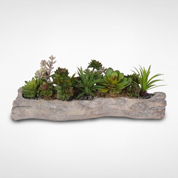 Artificial Succulents with Natural Rocks in a Stone Log