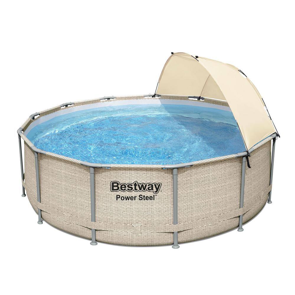 Bestway 5614UE-BW 13 ft. x 13 ft. Round 42 in. Deep Metal Frame Above Ground Outdoor Swimming Pool Set with Canopy