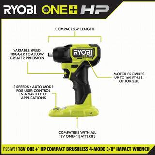 RYOBI ONE+ HP 18V Brushless Cordless Compact 38 in. Impact Wrench (Tool Only) PSBIW01B