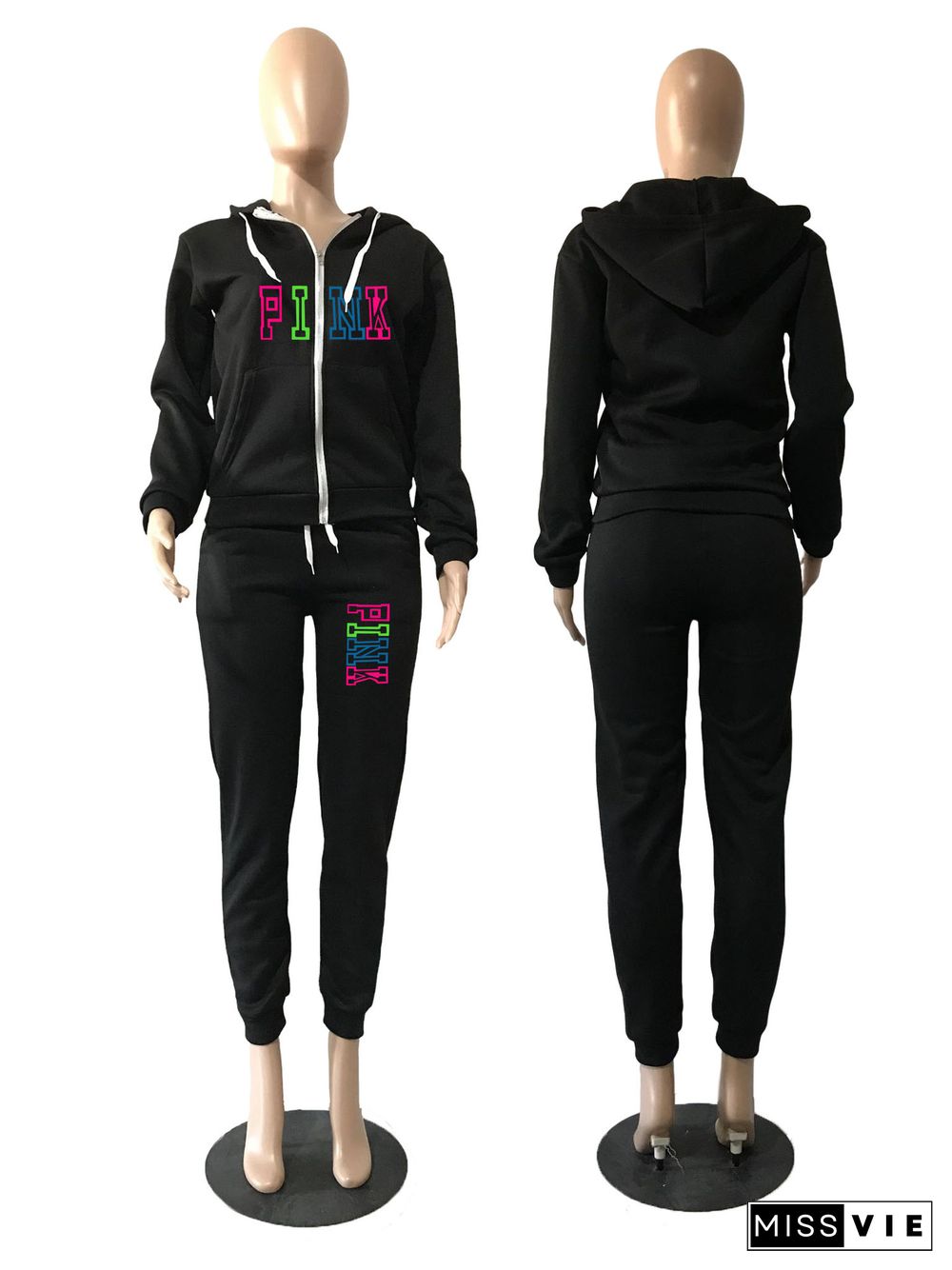 PINK Letter Zipper Hooded Coat and Pants Joggers Suit