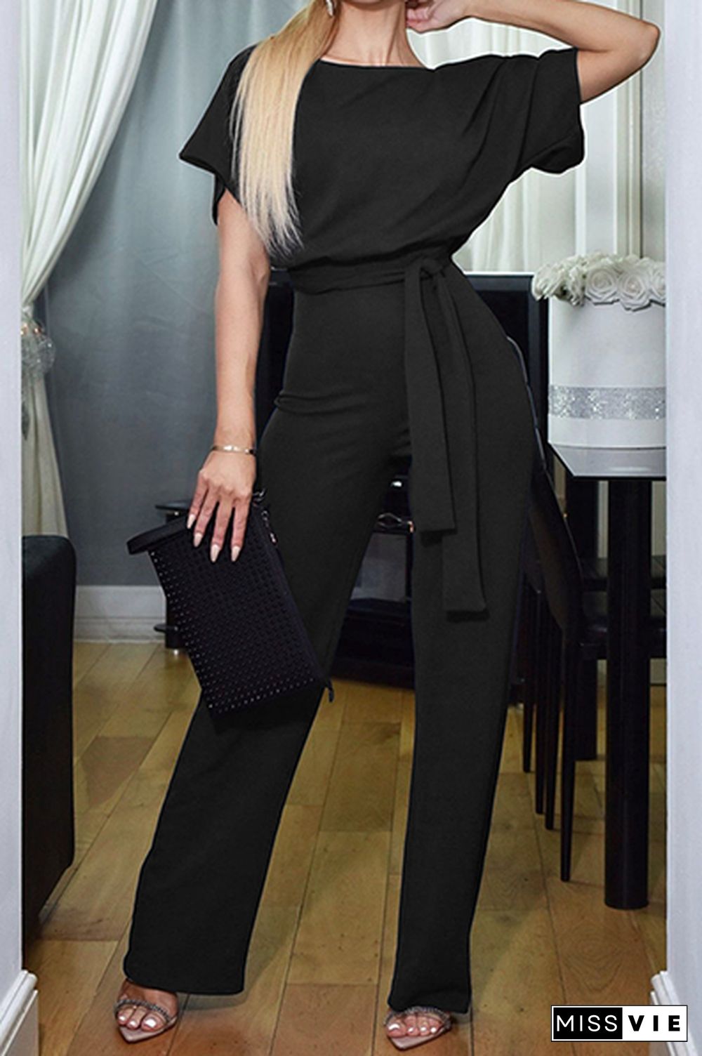 Casual Elegant Solid Patchwork Strap Design O Neck Straight Jumpsuits