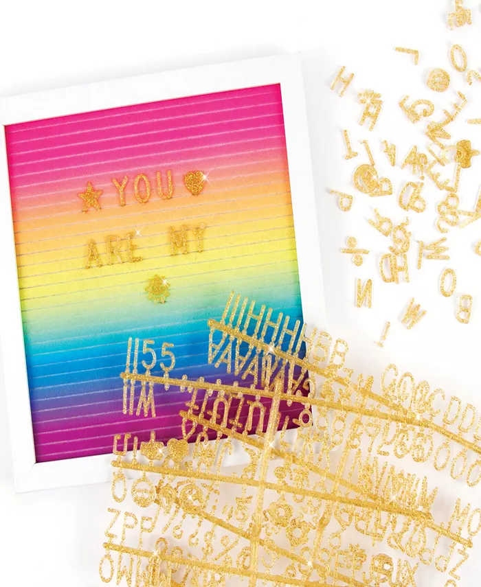 Three Cheers For Girls 3C4G Rainbow Felt Letterboard - 10 X 10 Changeable Message Board  With Hanging Hook Stand  Make It Real  Tweens Girls  300 Gold-Tone Glittery Letters Emojis  Room Decor