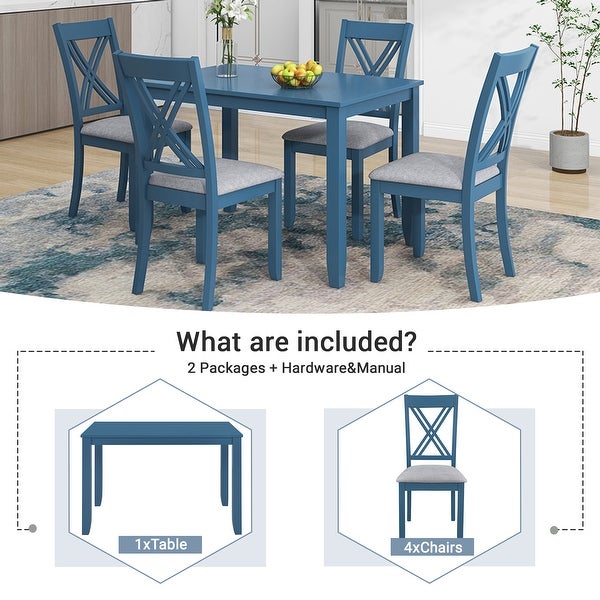 Wood 5-Piece Dining Table Set w/4 X-Back Chairs for Small Places， Blue