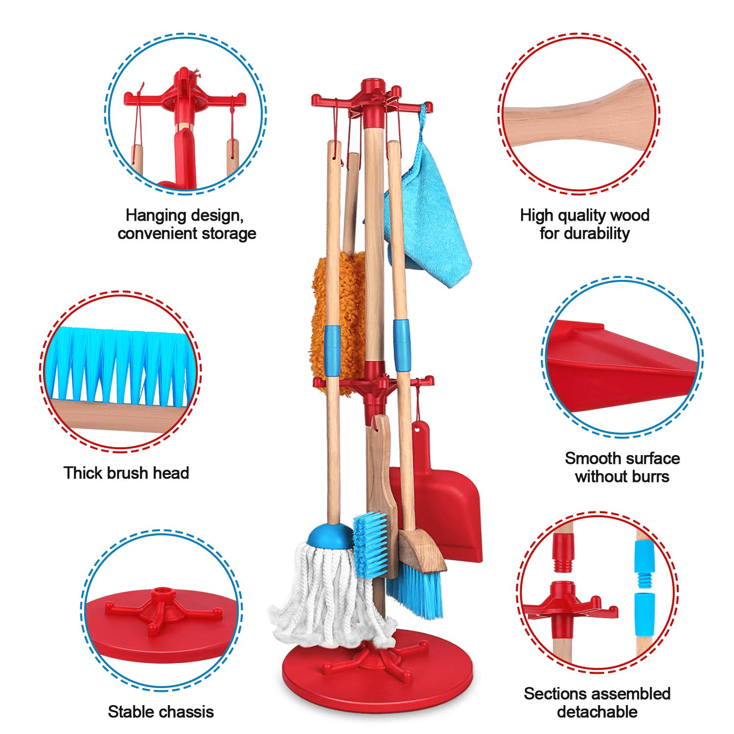 SUPER JOY Detachable Wooden Kids Cleaning Toy Set， Housekeeping Kit Broom， Mop， Duster， Dustpan， Brush， Rag， Hanging Stand， STEM Clean Toys for Girls and Boys