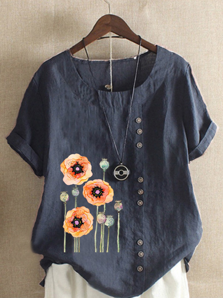 Round Neck Casual Loose Floral Print Short Sleeve Blouse