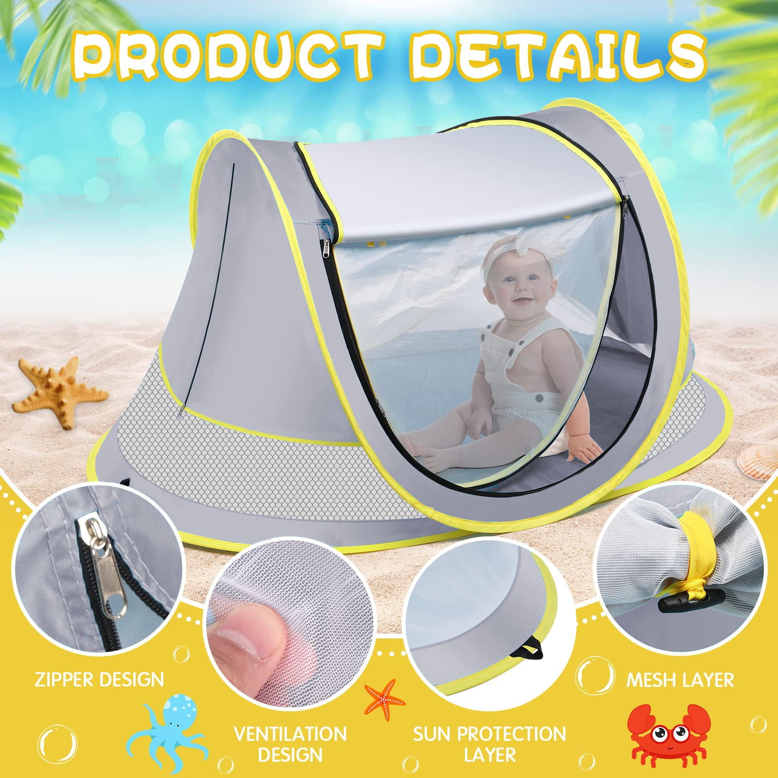 HDJ Baby Beach Tent， UPF 50+ Pop Up Beach Tent Sun Shelter， Easy Setup Play Tent for Travel， Mini Beach Tent for Kids Toddlers，Grey