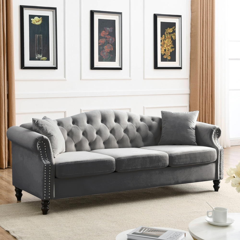 Classic Chesterfield Velvet Sofa Set with Pillows (3 Seater + Loveseat)