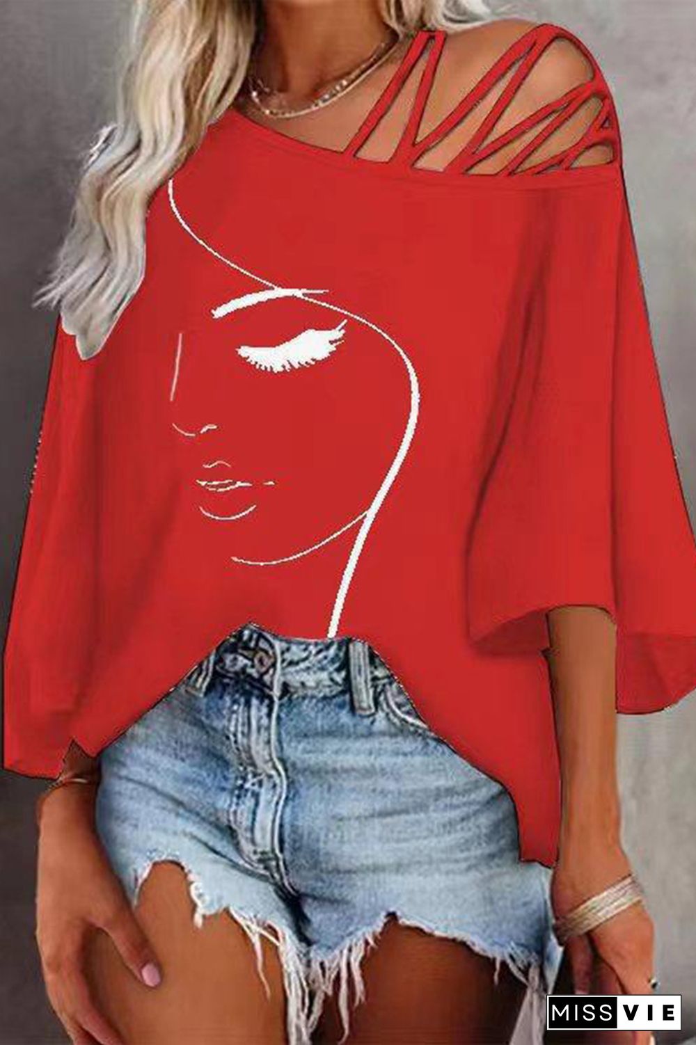 Figure Print Hollow Out Asymmetrical Neck Blouse