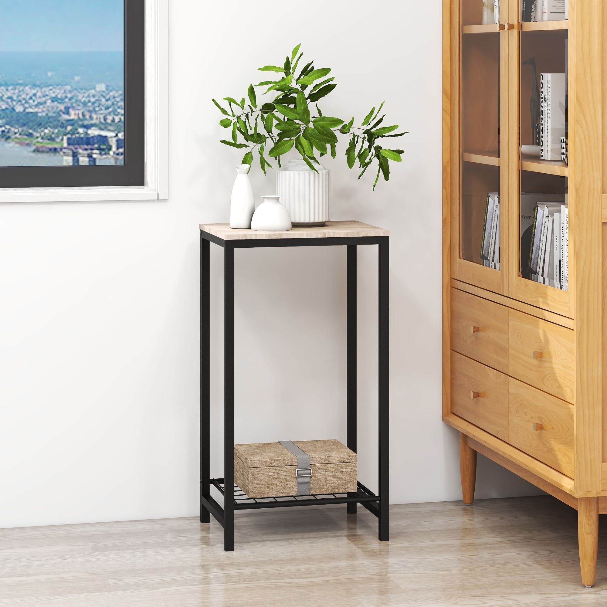 2-Tier End Table， Industrial Side Table Nightstand with Durable Metal Frame