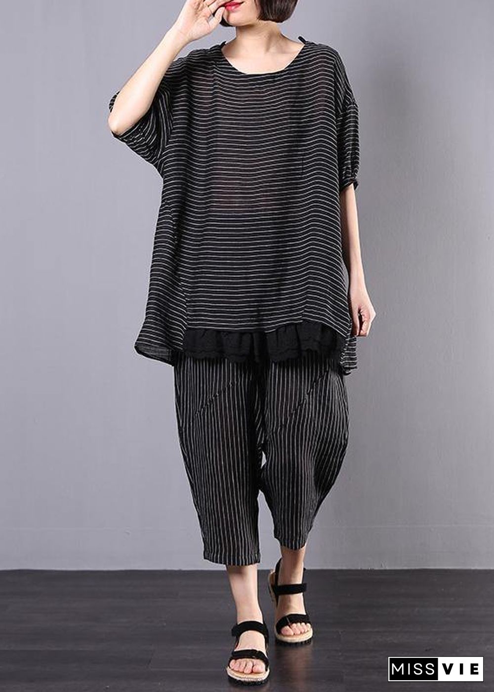 summer casual two pieces black striped patchwork tops and elastic waist women pants