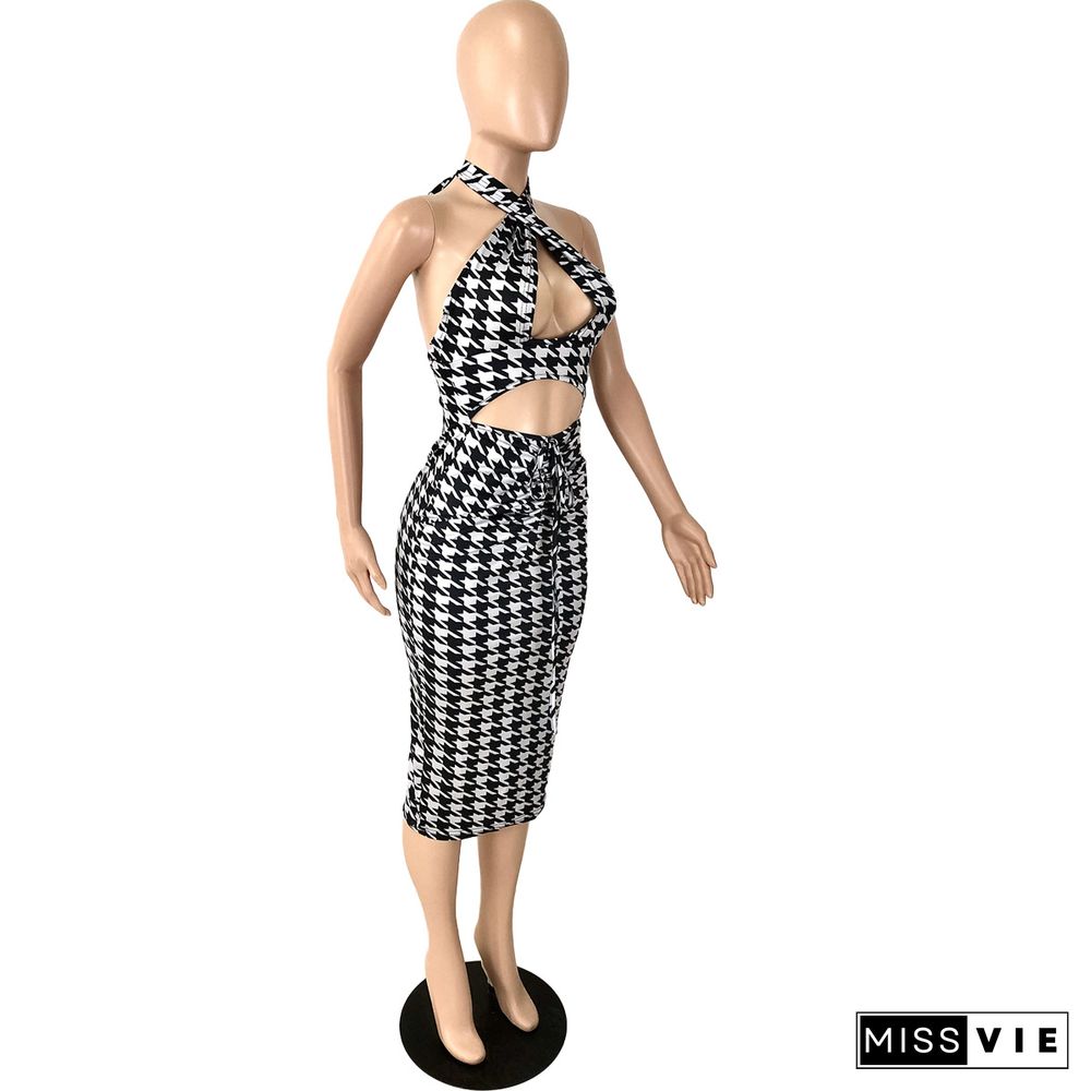 Houndstooth Print Sexy Halter Dress