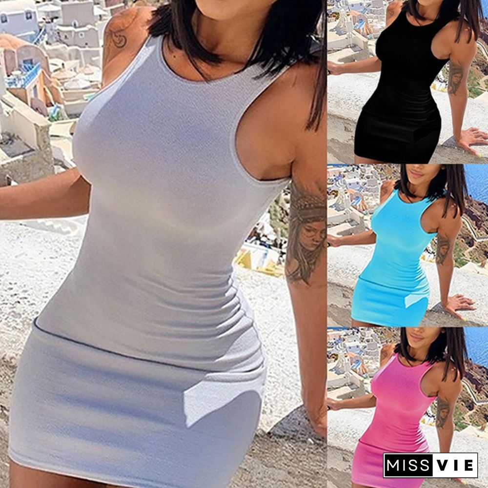 Women's Fashion Solid Color Mini Dress Slim Fit Sleeveless Bodycon Dress