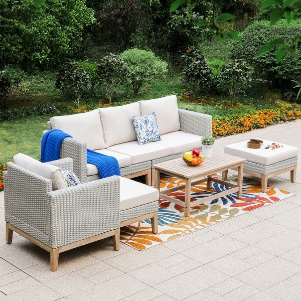 MAISON ARTS 5Piece Outdoor Rattan and Acacia Wood Sectional Sofa Set，Patio Wicker Conversation Set with Coffee Table