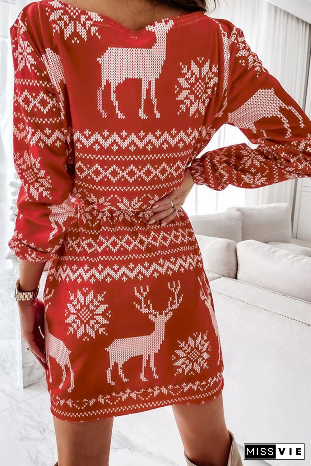 Christmas Pattern Print Lace-up Long Sleeve Mini Dress