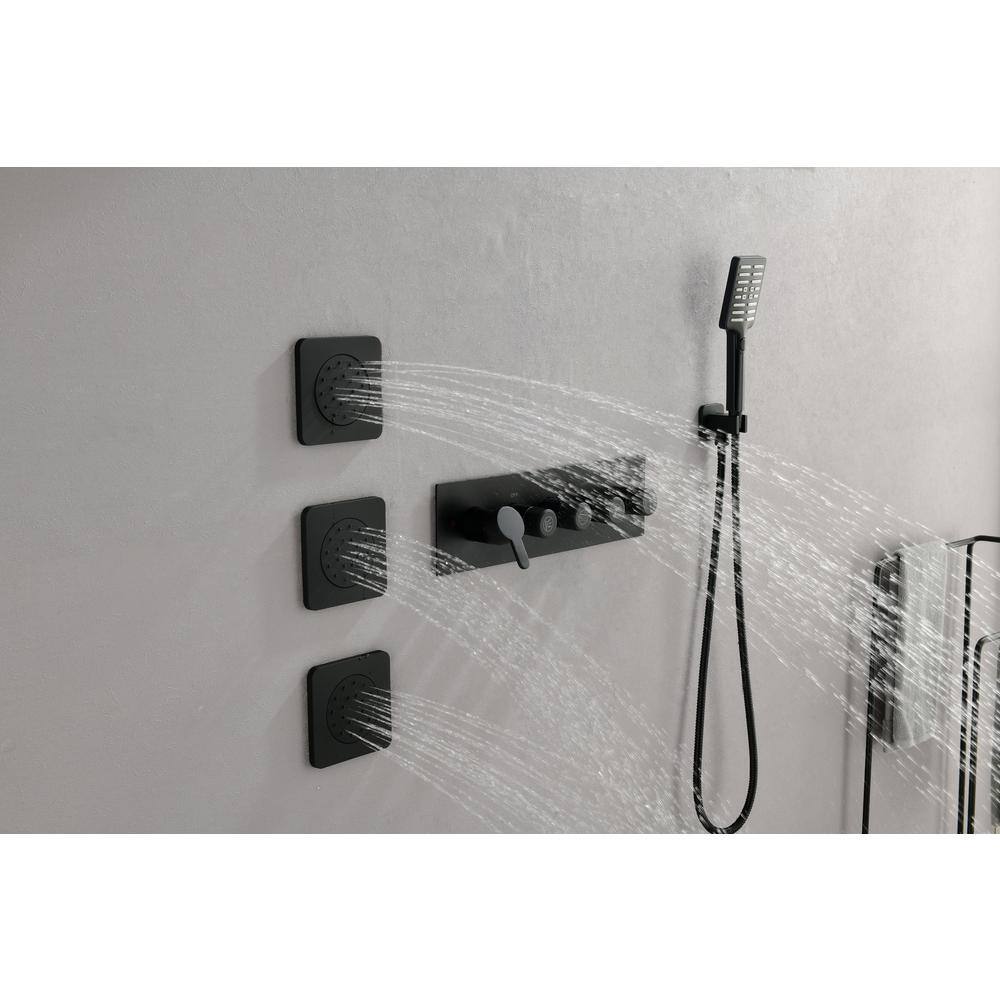 FORCLOVER 3-Spray Waterfall High Pressure Wall Mounted Shower System with 3 Body Sprays and Handheld Shower in Matte Black FRIMFTHS12MB