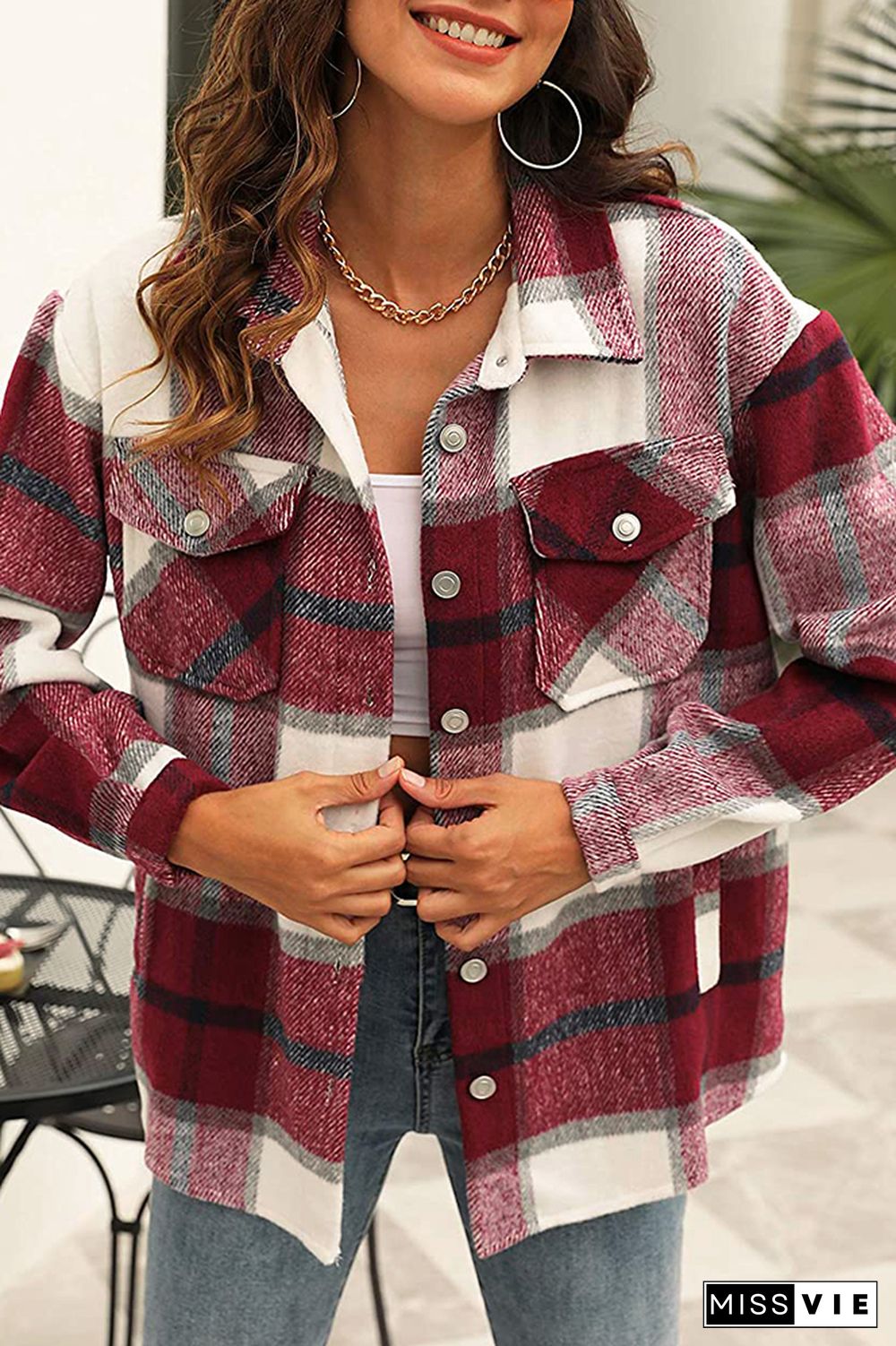 Plaid Button Down Pocketed Shacket Jackets Women Wholesale