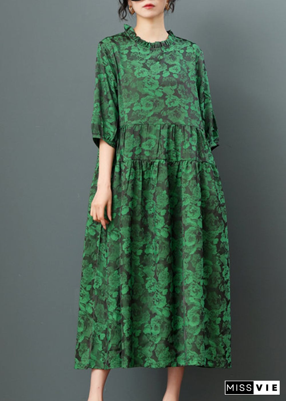 Green O-Neck Print Drawstring Maxi Dress Half Sleeve