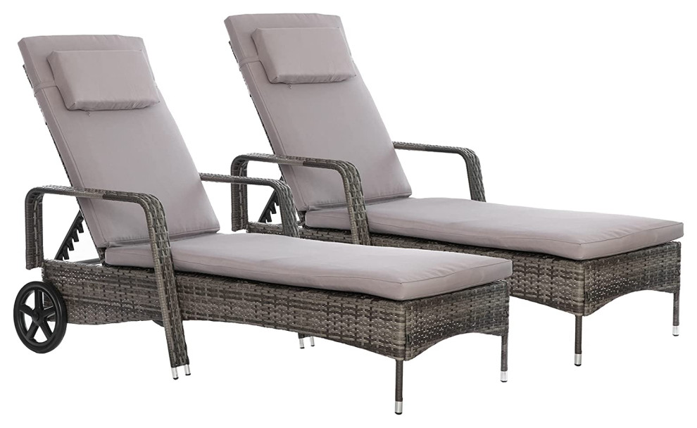 Set of 2 Outdoor Chaise Lounge  Wicker Frame and Cushioned Seat With Head Pillow   Tropical   Outdoor Chaise Lounges   by Decor Love  Houzz