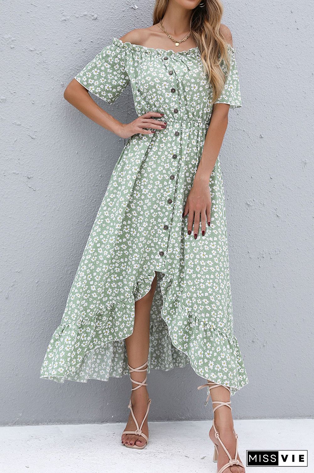 Off Shoulder Ruffled Floral Print Button Dress Wholesale