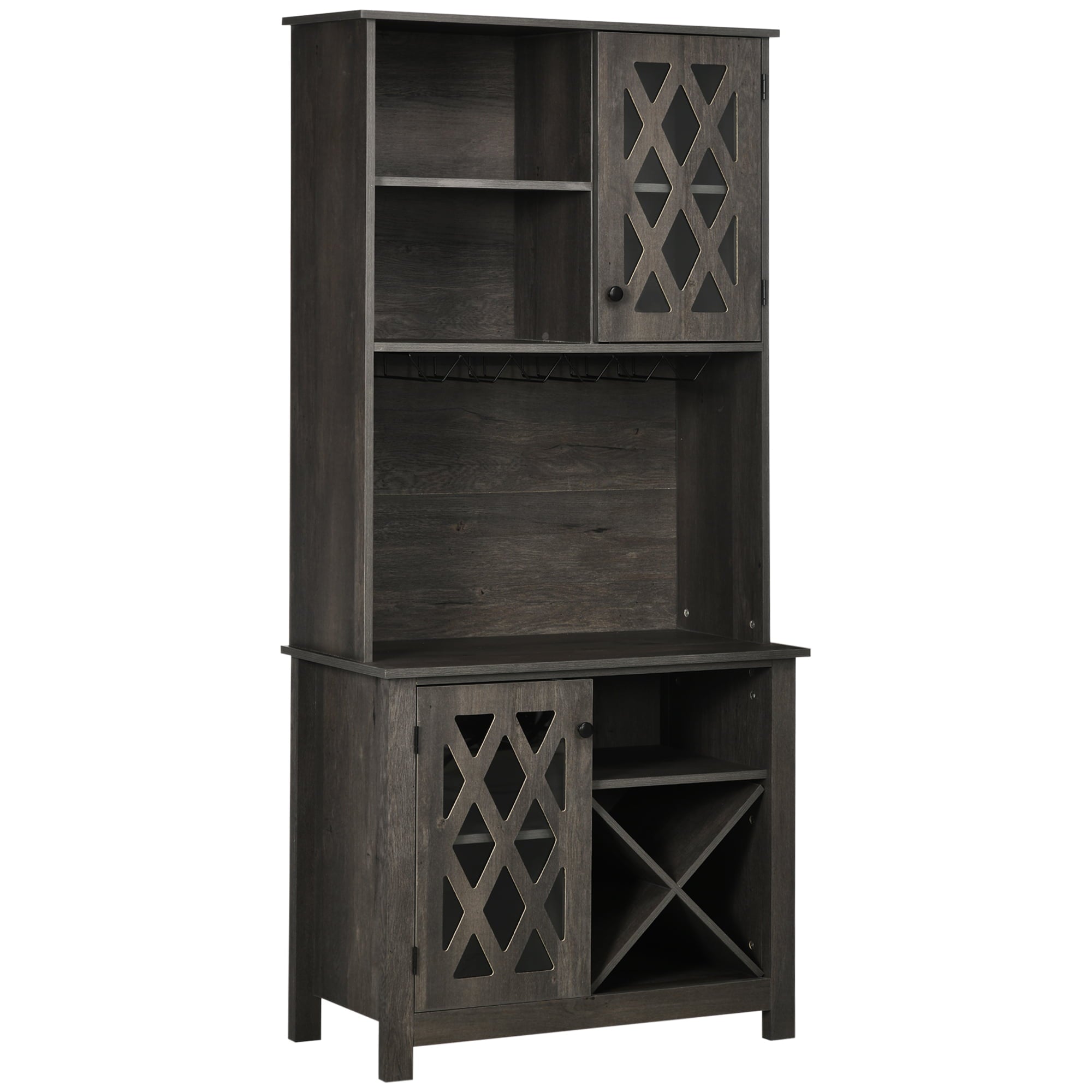 HOMCOM 72 Kitchen Pantry， Buffet with Hutch， Cupboard for Microwave， 2 Door Cabinets， Wine Glasses Rack and 12-Bottle Wine Rack， Dark Grey