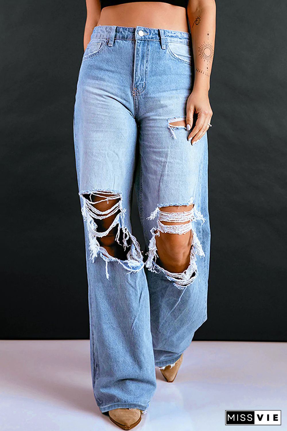 Blue Washed High Waist Ripped Hole Jeans Pants