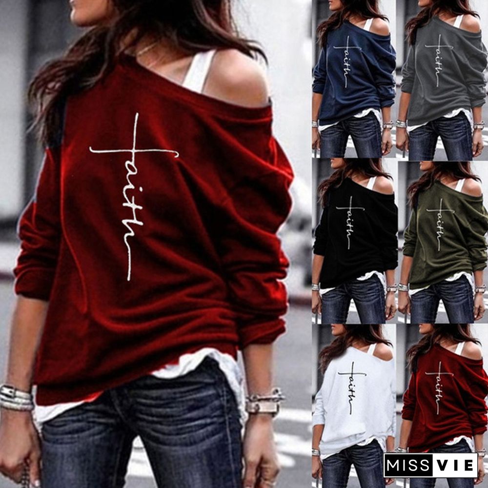 S-5XL Women Long Sleeve Faith Print Shirts Loose Casual Tops Off Shoulder Sweatshirts Women Pullovers