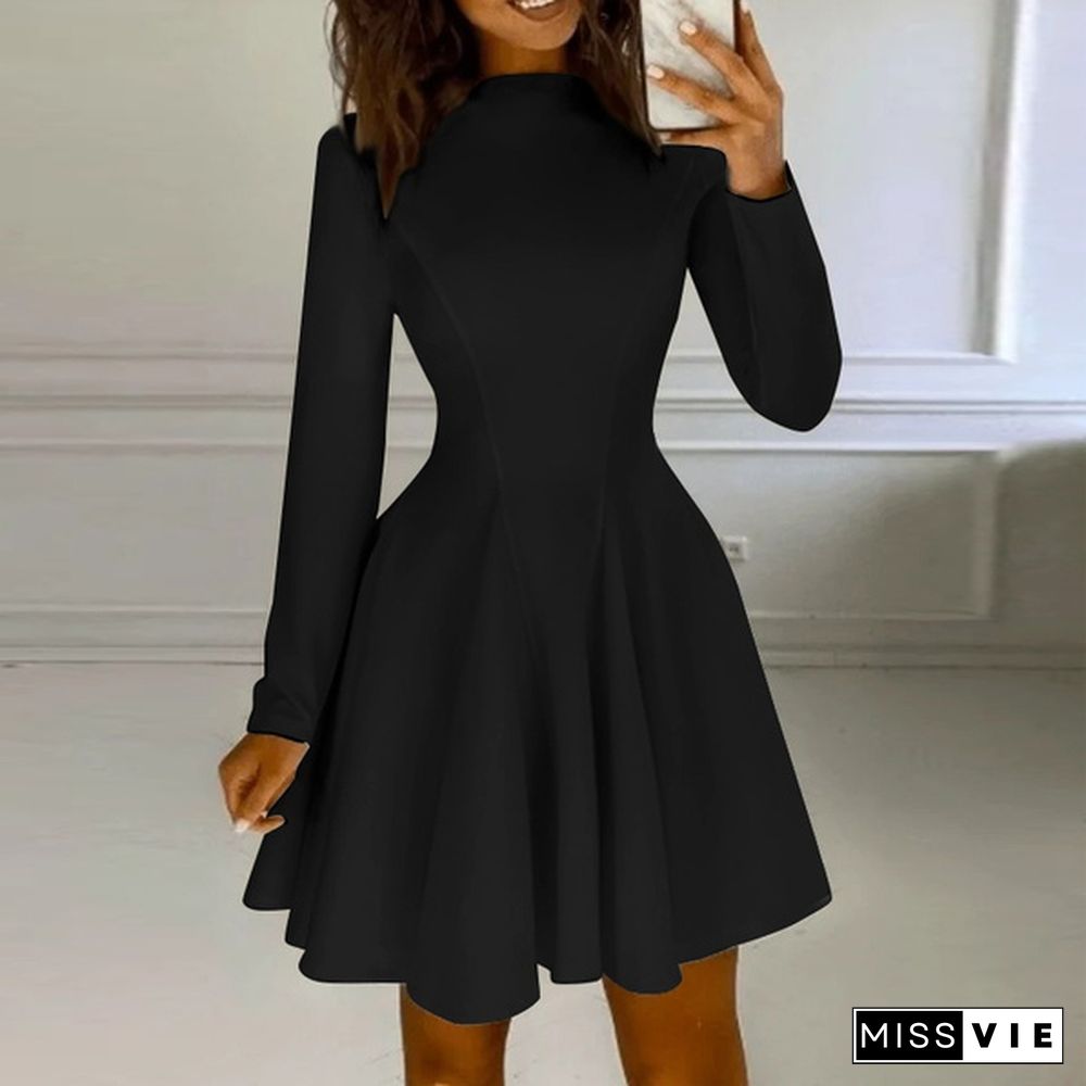 Women Long Sleeve Mock Neck Skater Dress Club Mini Dress