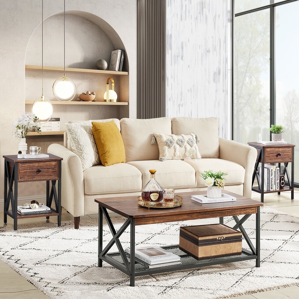 3 pieces Living Room Set  Rectangular Coffee Table and 2 Side Tables