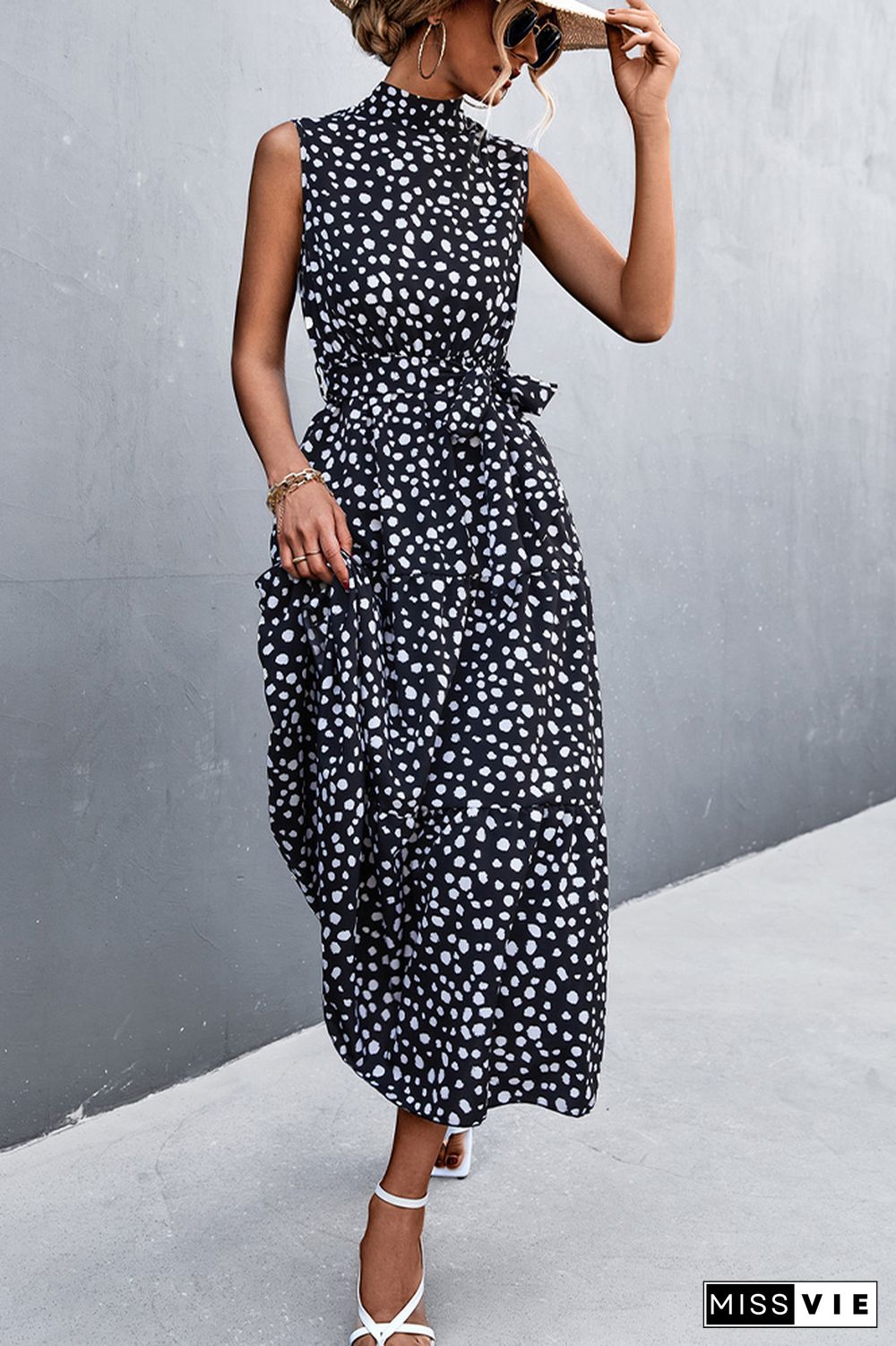 Sleeveless Leopard Printed Long Dress With Belt Wholesale