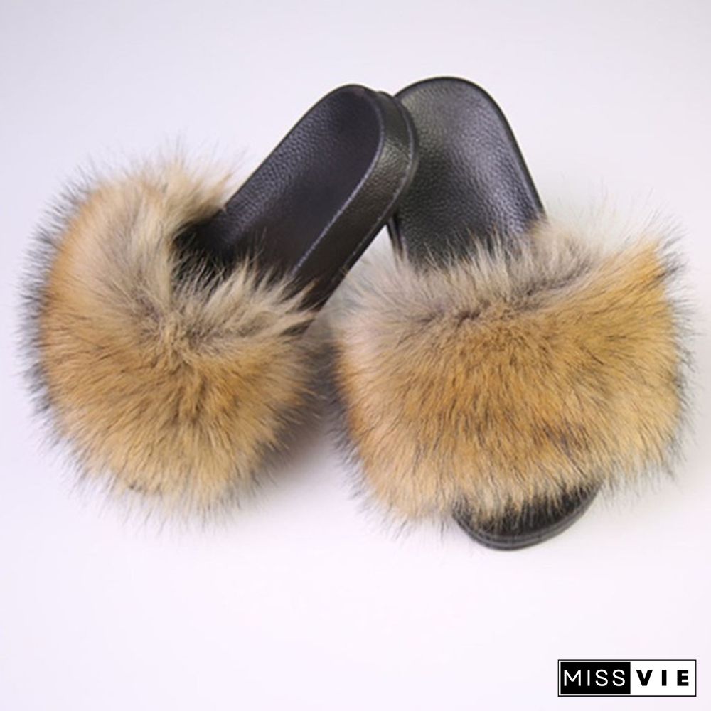 Women New Fashion Fluffy Faux Fur Slippers Sandals Indoor Outdoor Plush Slides Home Flat Shoes