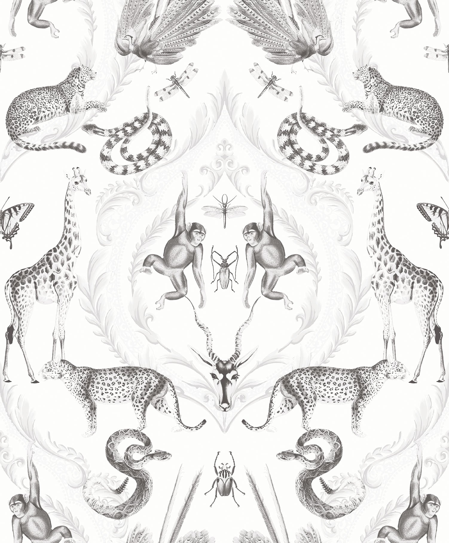 Sample Menagerie Wallpaper in White, Greys from the Bazaar Collection