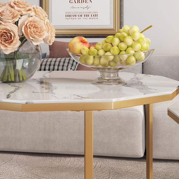 Nesting Coffee Table / End table with 12-sided Artificial Marble Top and Metal Legs