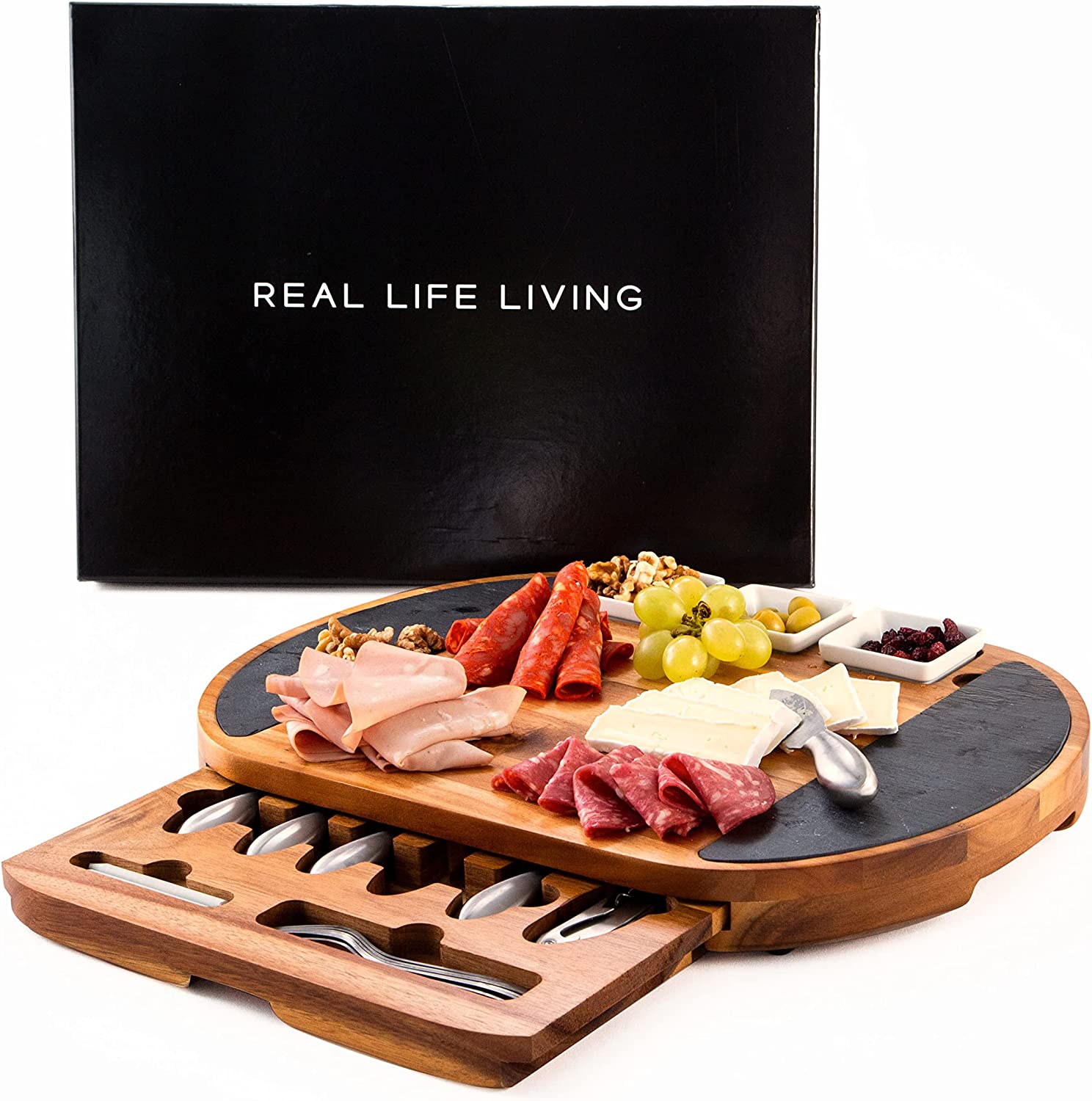 Real Life Living Premium Oval Charcuterie Board Set， Acacia Wood， Brown