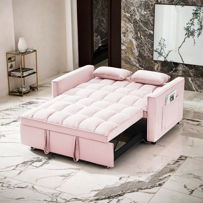 3 in 1 Convertible Sleeper Sofa with Pullout Bed  Pink