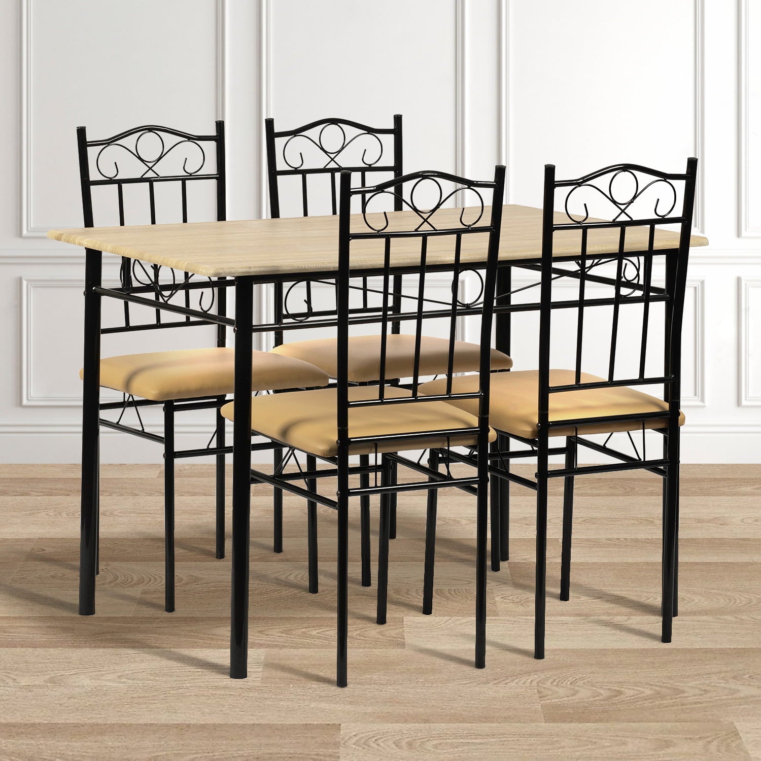 5 Piece Dining Table Set, Wood & Metal Dining Set for 4, Modern Kitchen Table and 2 PU Cushion Chairs Sets, Beech