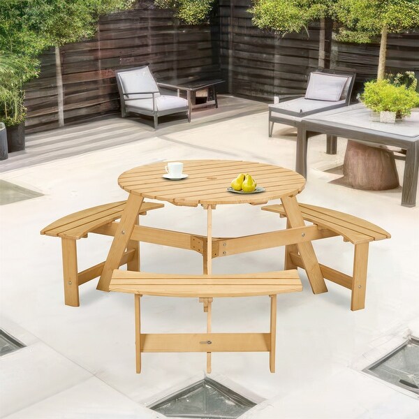 6 Person Outdoor Picnic Table with Bench，Round Pinic Table w/ 3 Bulitin Benches and Umbrella Hole，Outside Table and Bench Set