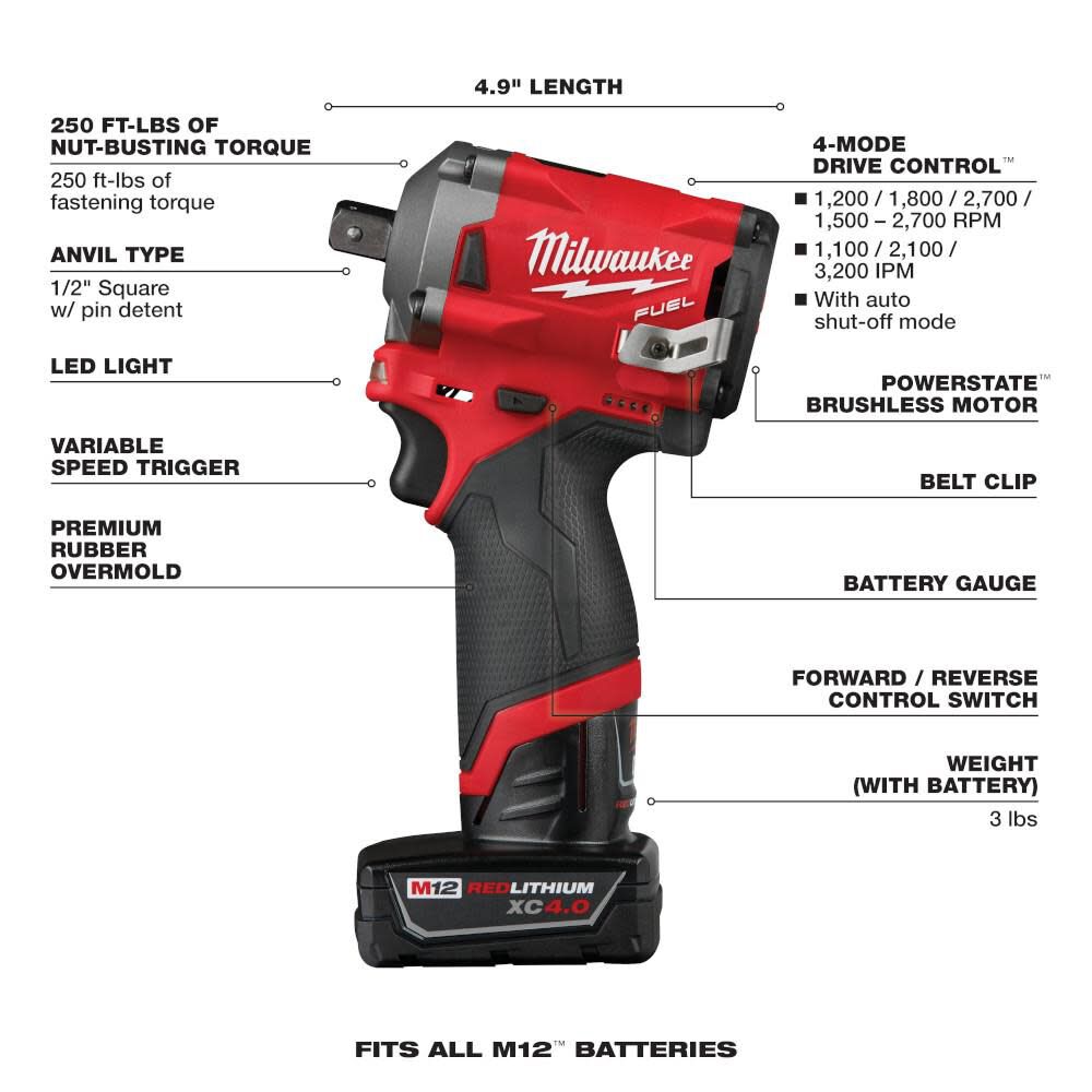 MW M12 FUEL Stubby 1/2 in. Pin Impact Wrench Kit 2555P-22 from MW