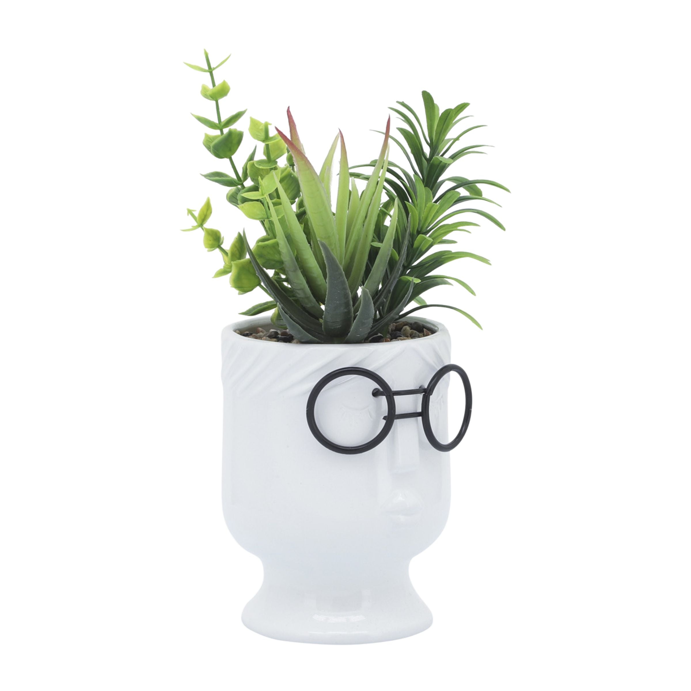 Face Ceramic Planter With Artificial Plants 10 Cm - White 16971-01